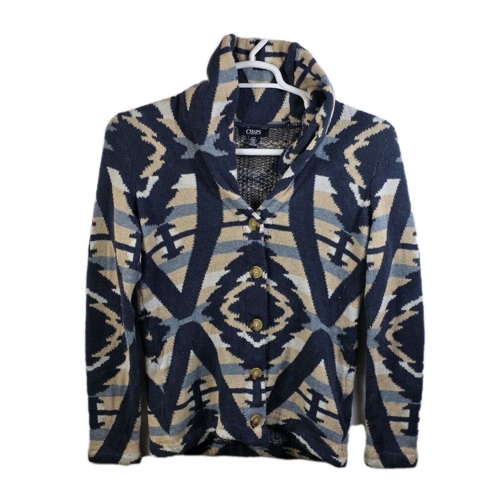 Chaps Navy Blue Cream Geometric Shawl Collar Cardigan Sweater